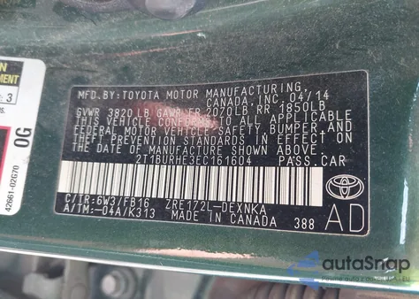 2014 Toyota Corolla Le from USA, damaged, VIN 2T1BURHE3EC161604